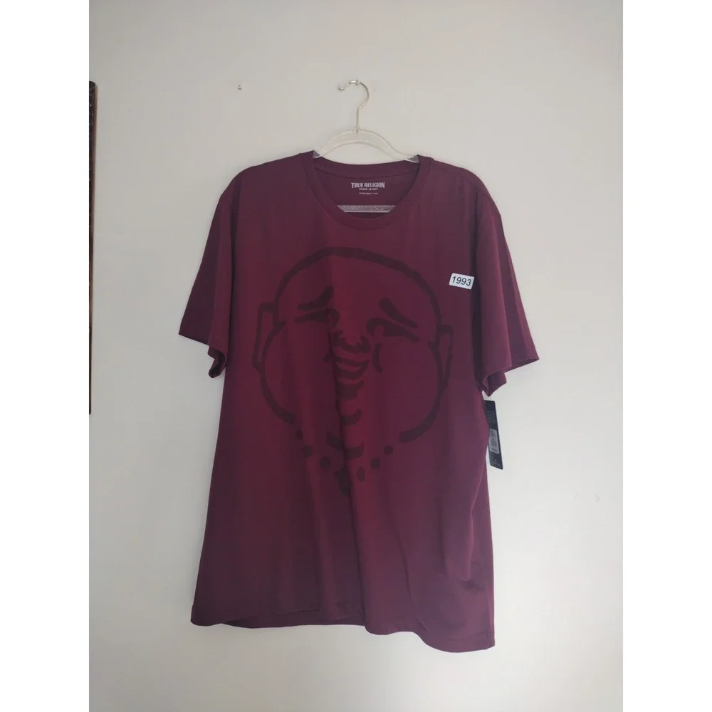 True Religion T Shirt Men's XXL Burgundy Tee‎ Buddha Face Graphic Short Sleeve